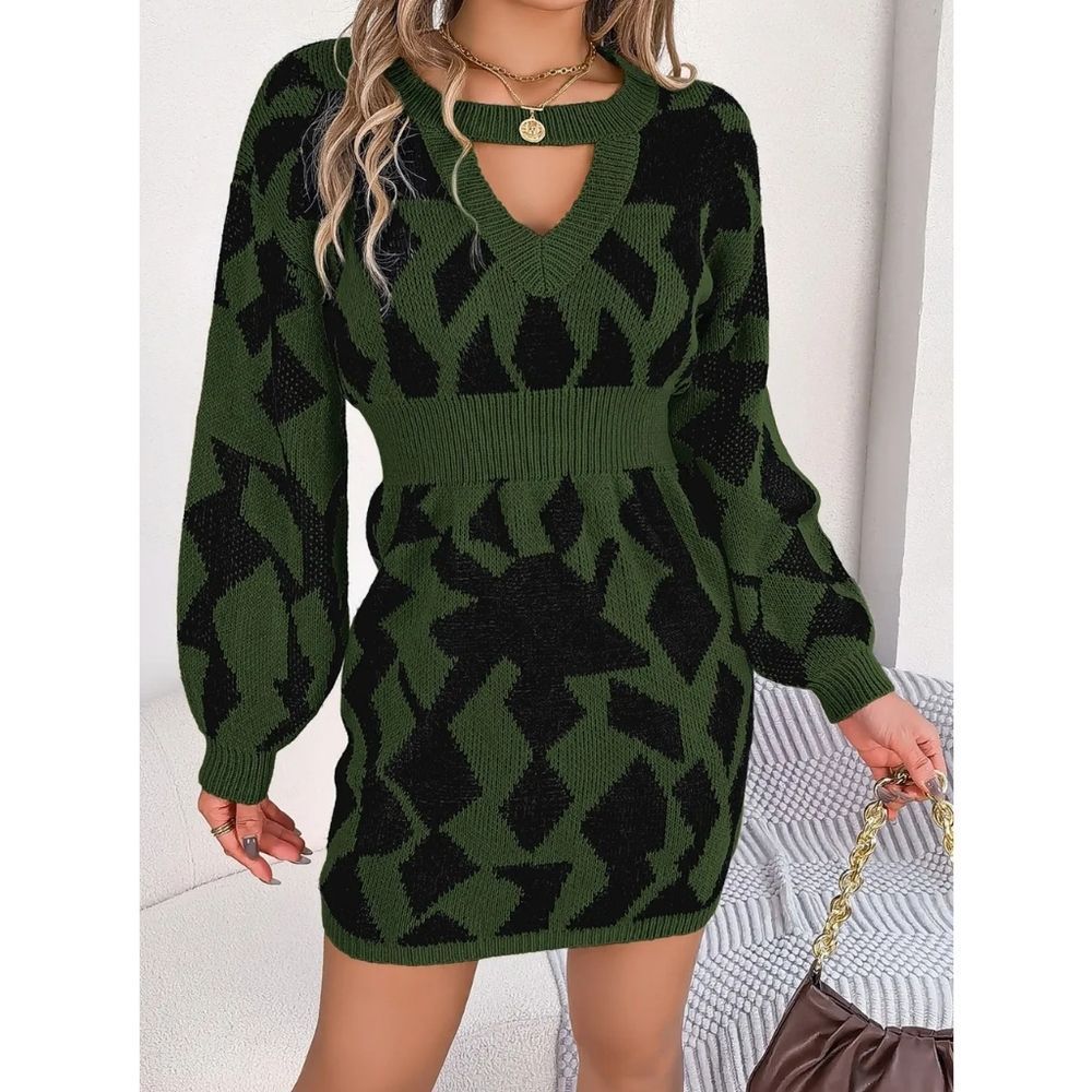 Green And Black Cutout Long Sleeve Sweater Dress